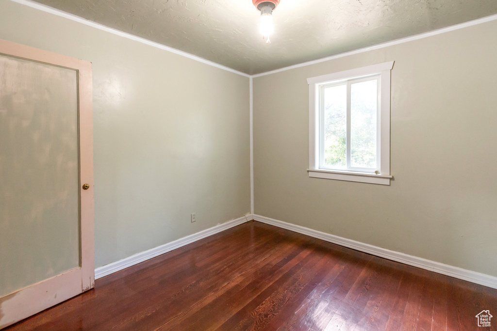 Spare room featuring wood-type flooring, baseboards, and ornamental molding