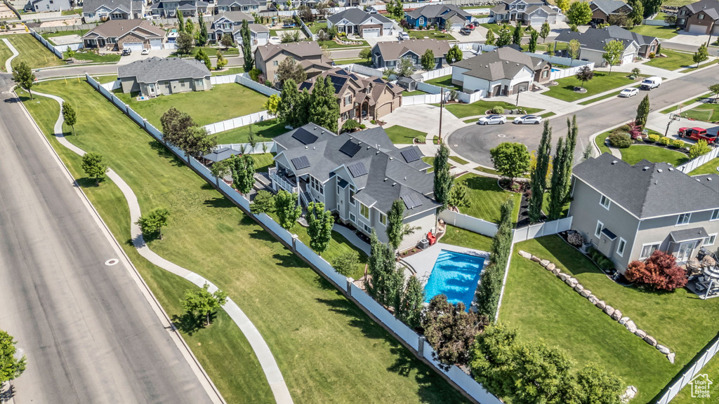Aerial view of residential area with a pool