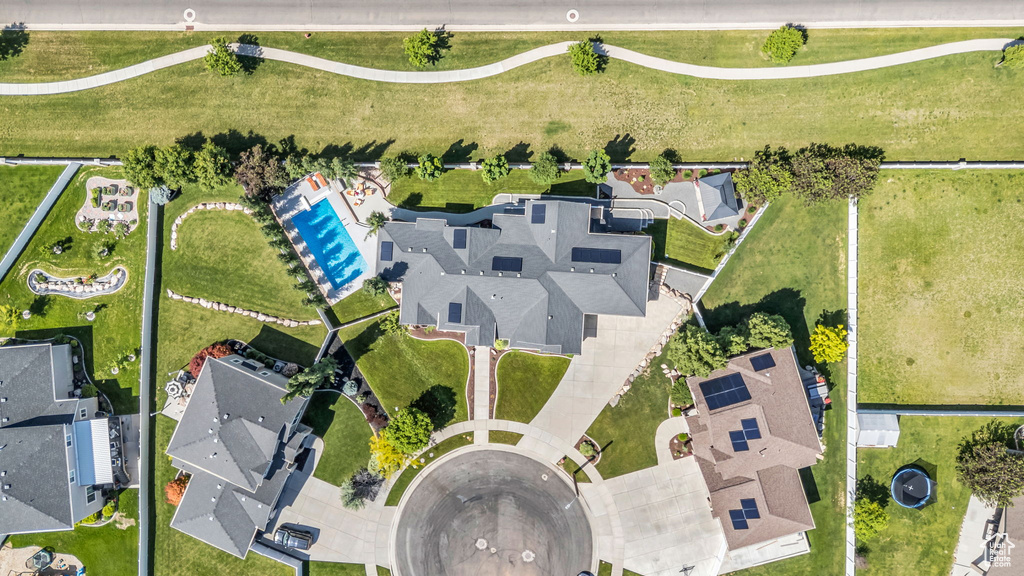 Aerial view of residential area with a pool
