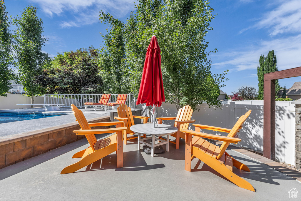 Fenced backyard featuring a patio
