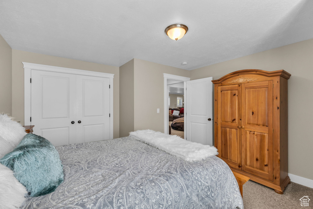 Bedroom with carpet, a closet, and baseboards