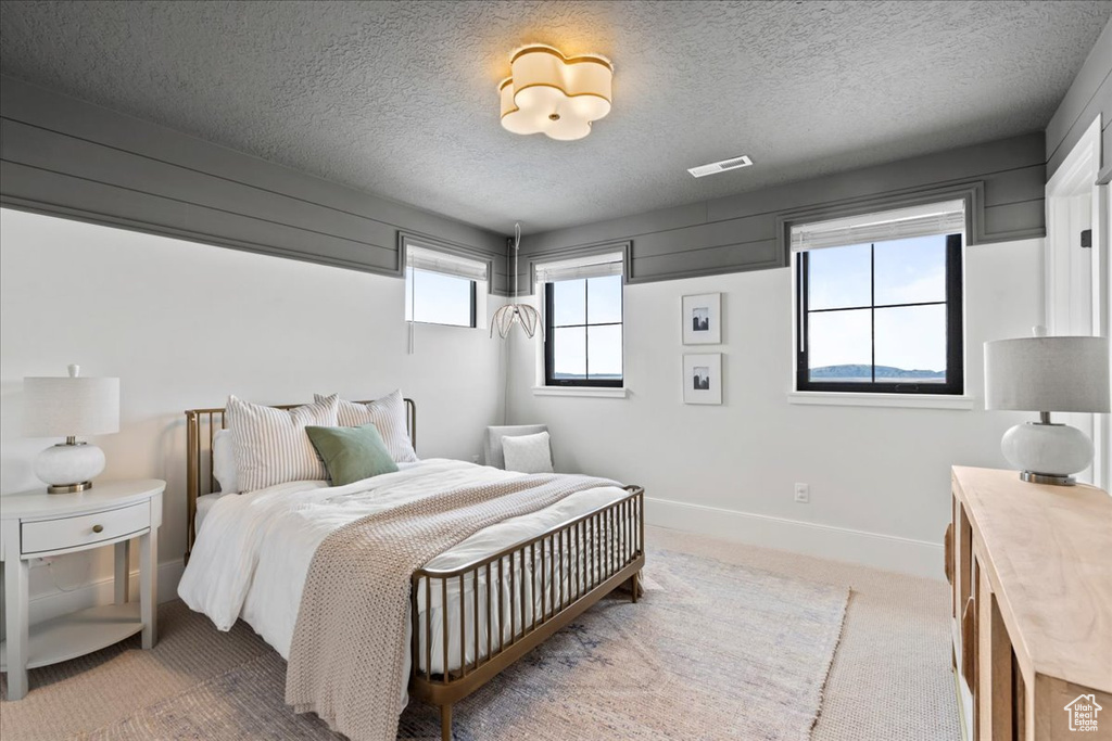 Bedroom with carpet, a textured ceiling, and baseboards