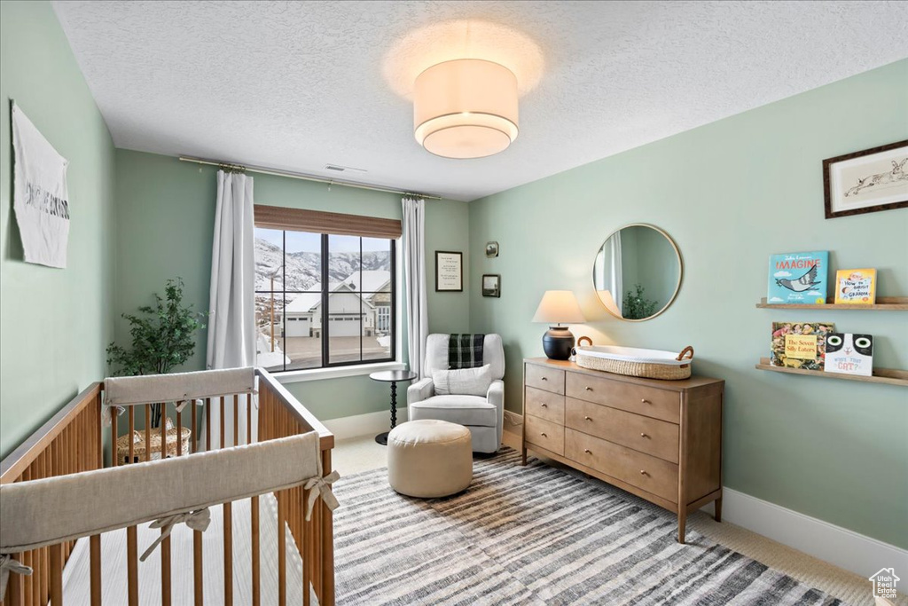 Carpeted bedroom with a nursery area, a textured ceiling, and baseboards