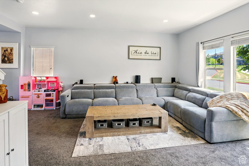 Living room featuring carpet floors and recessed lighting