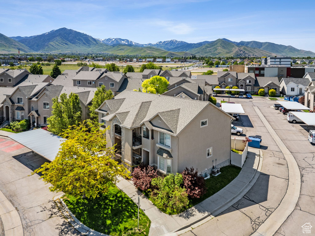 Aerial view of residential area with mountains