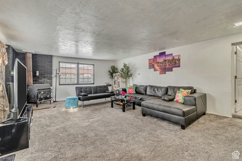 Carpeted living area with a wood stove, a textured ceiling, and baseboards