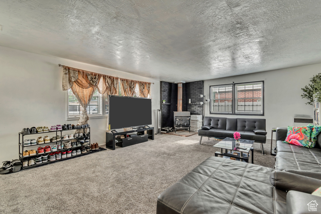 Carpeted living room featuring a wood stove, a textured ceiling, and baseboards