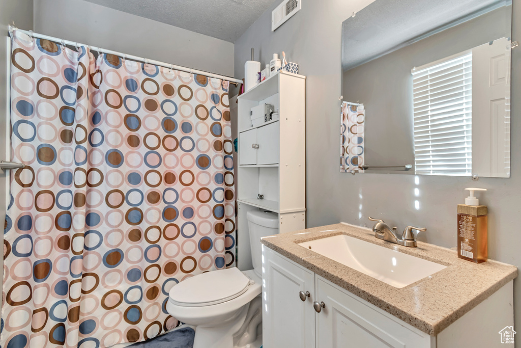 Bathroom with toilet, vanity, and a shower with shower curtain