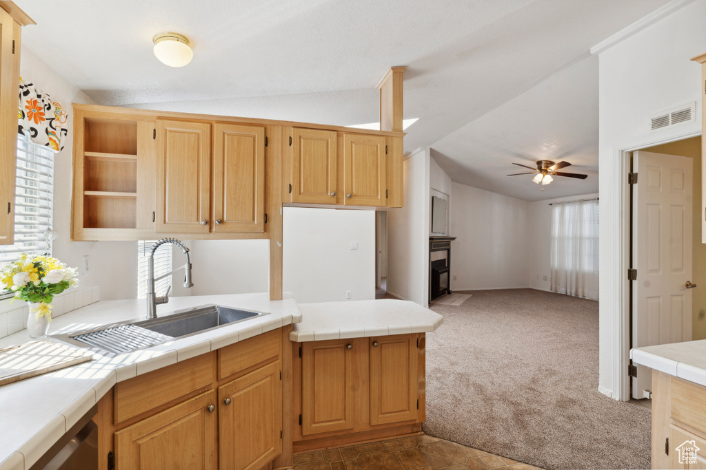 Kitchen featuring lofted ceiling, a sink, a ceiling fan, open shelves, and carpet floors