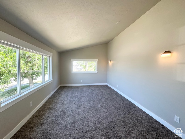 Empty room featuring lofted ceiling, dark colored carpet, baseboards, and a textured ceiling