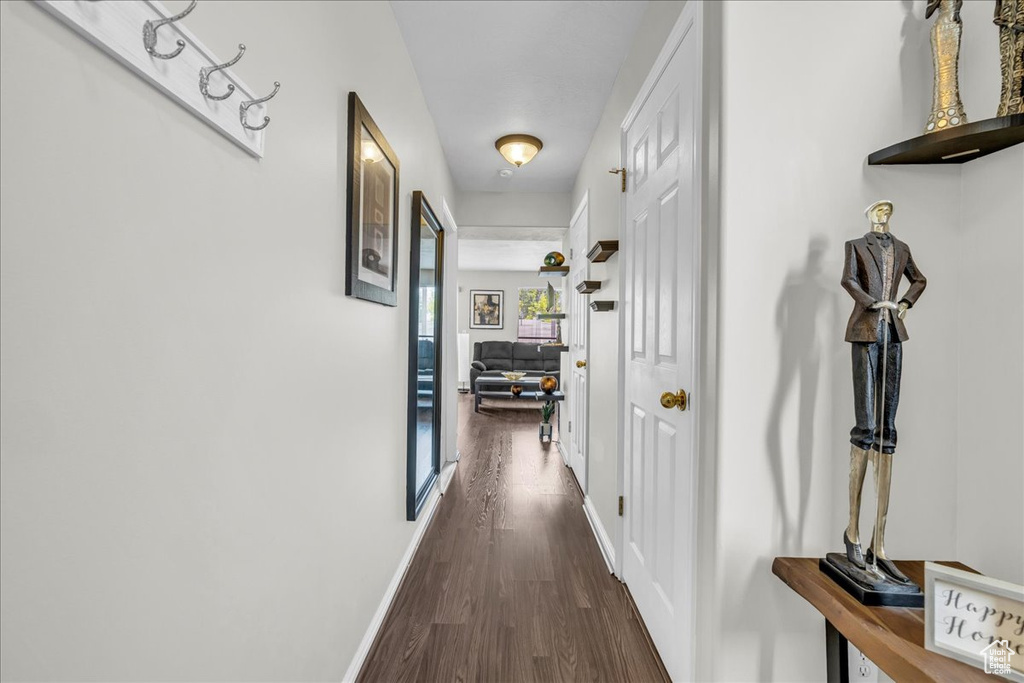 Corridor with dark wood-style flooring and baseboards