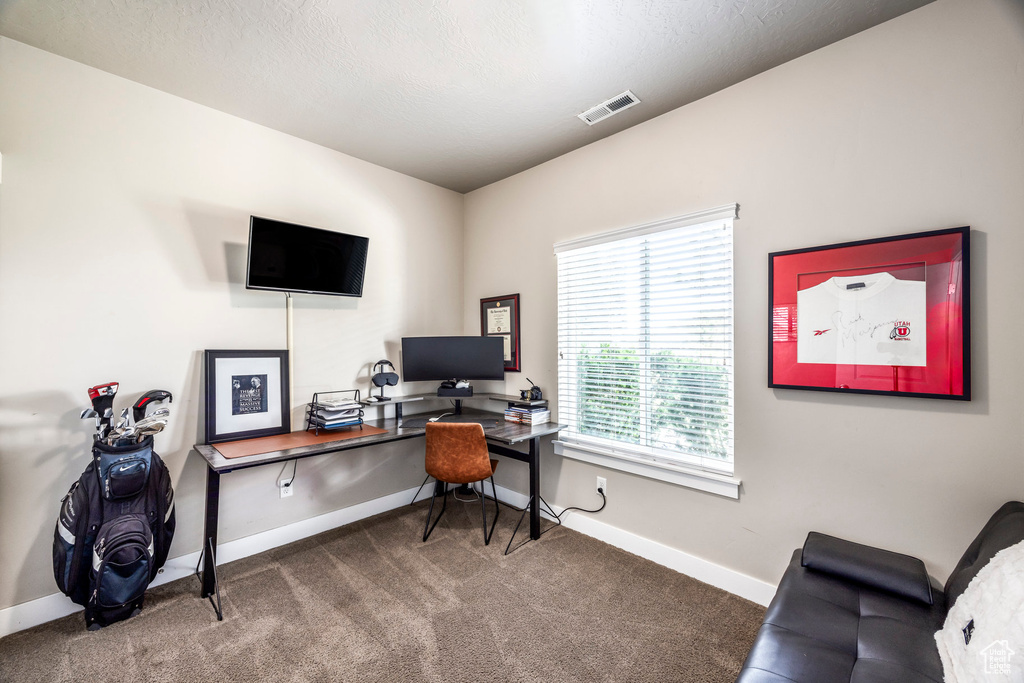 Carpeted home office featuring baseboards