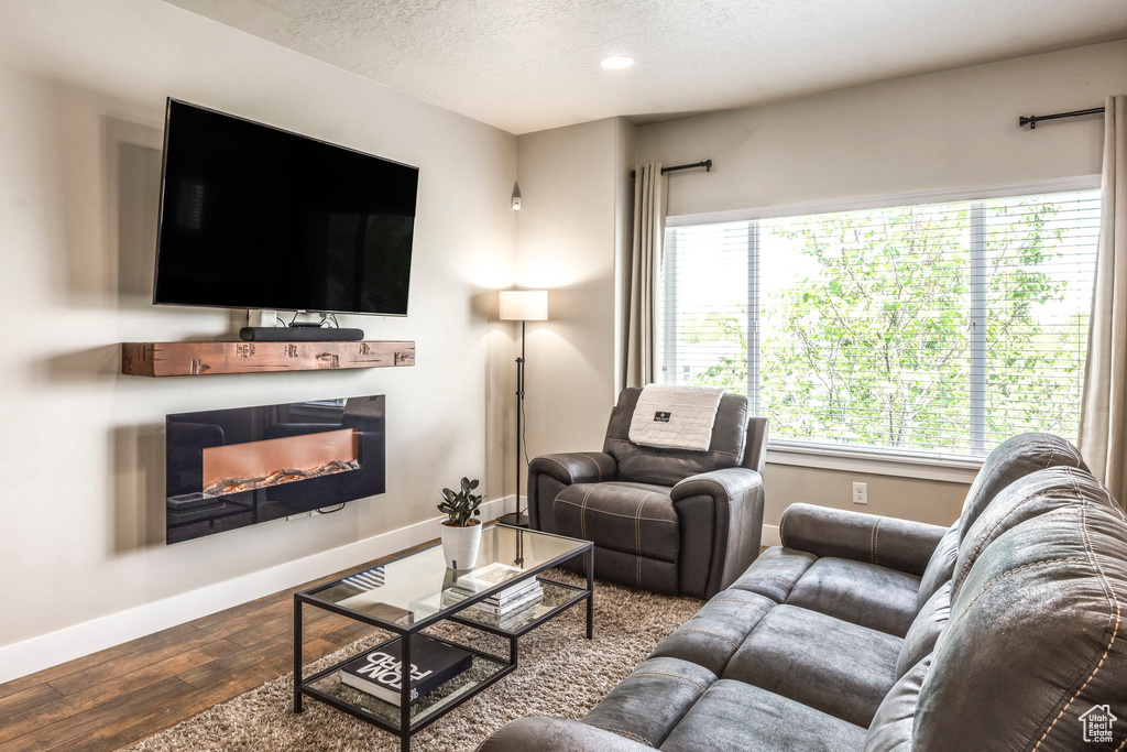Living room with wood finished floors, a textured ceiling, a glass covered fireplace, baseboards, and recessed lighting