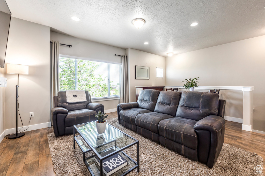 Living room featuring a textured ceiling, baseboards, hardwood / wood-style floors, and recessed lighting