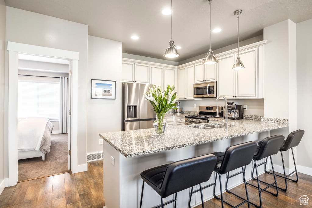 Kitchen with appliances with stainless steel finishes, dark wood finished floors, a peninsula, baseboards, and recessed lighting