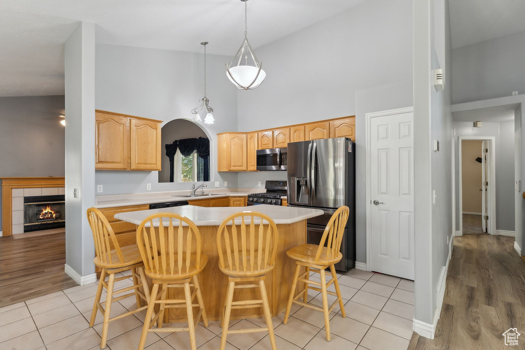 Kitchen with stainless steel appliances, a sink, light brown cabinets, high vaulted ceiling, and light countertops