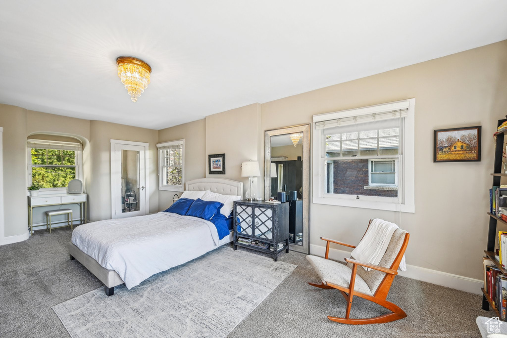 Bedroom with multiple windows, carpet floors, and baseboards