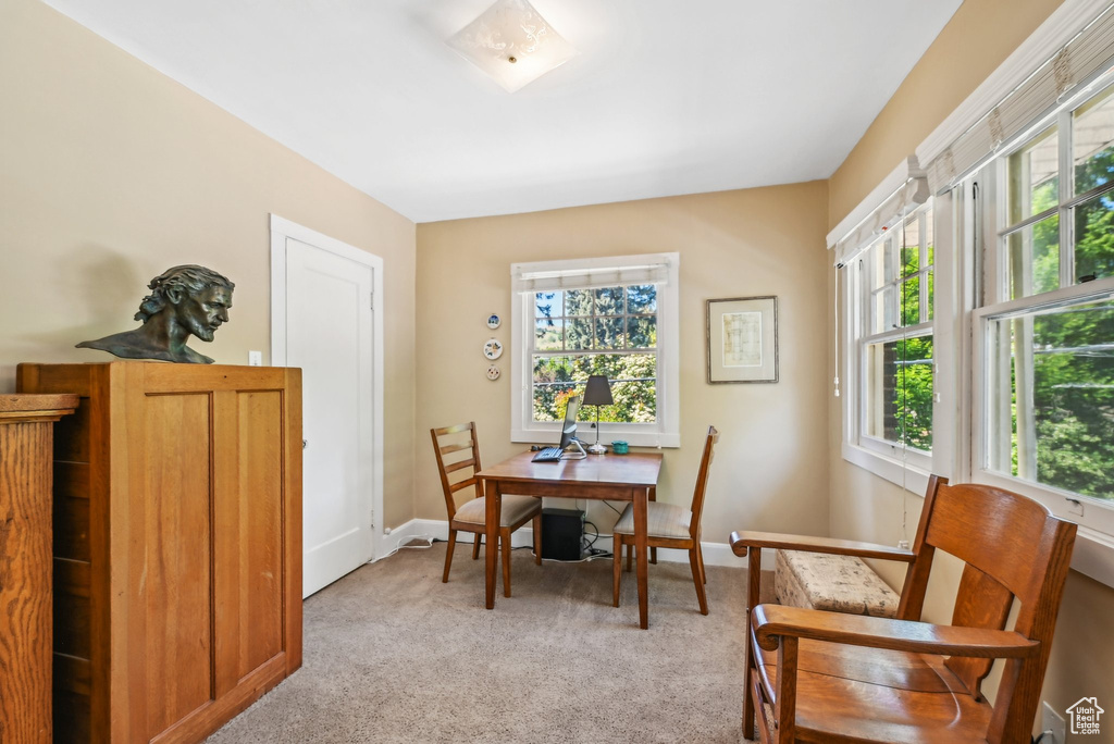 Dining room with plenty of natural light, light carpet, and baseboards