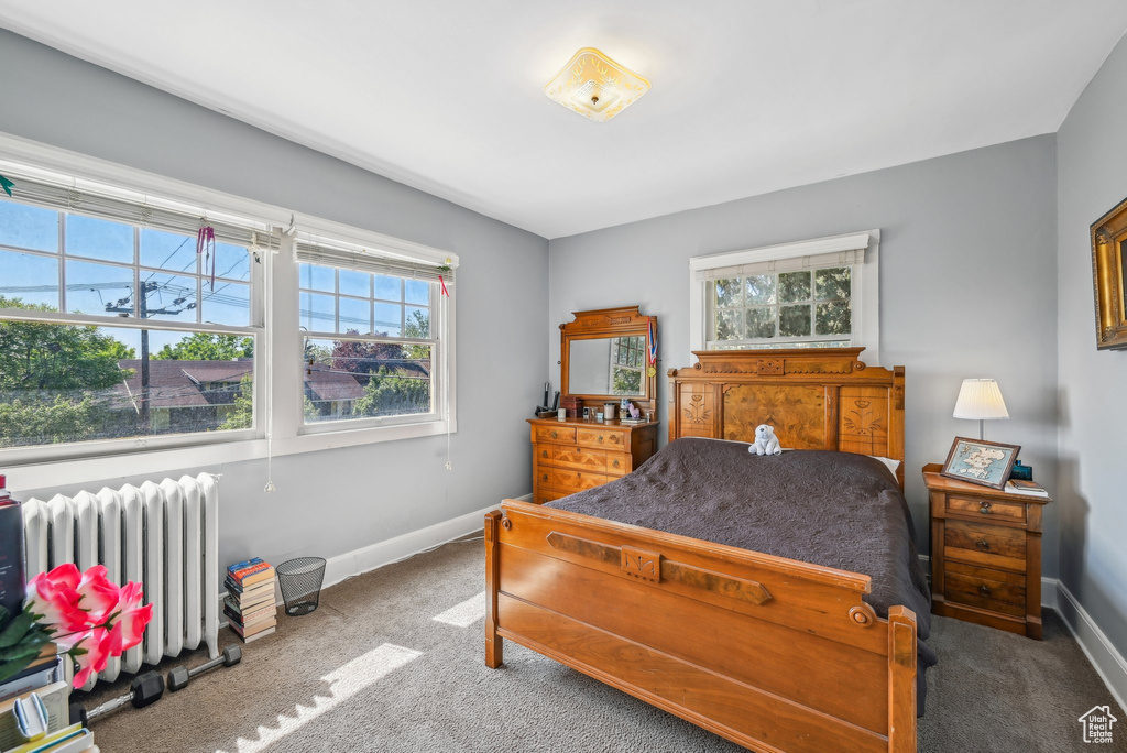 Bedroom featuring radiator, carpet floors, and baseboards