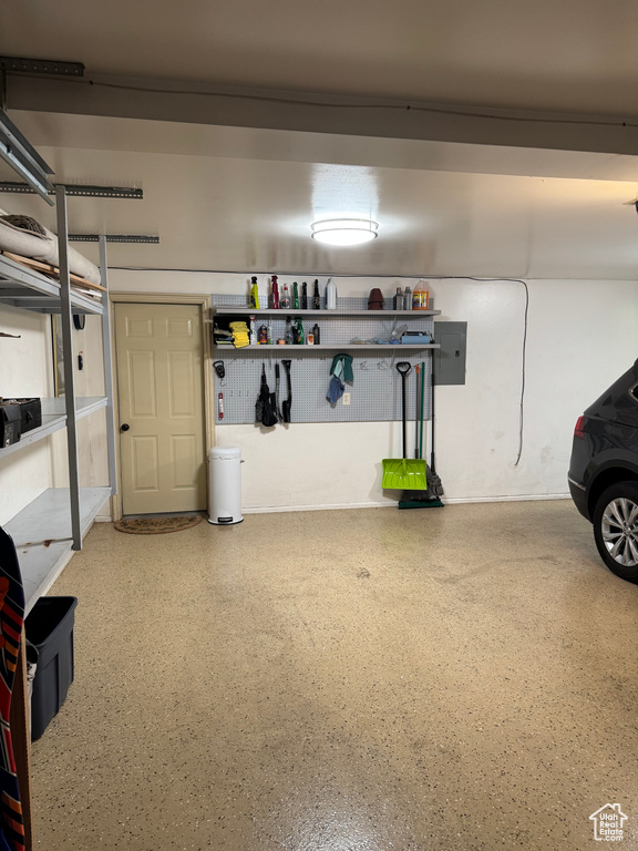 Garage featuring electric panel