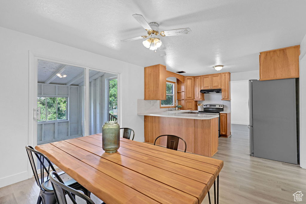 Dining area featuring light wood-style flooring, ceiling fan, a textured ceiling, and baseboards