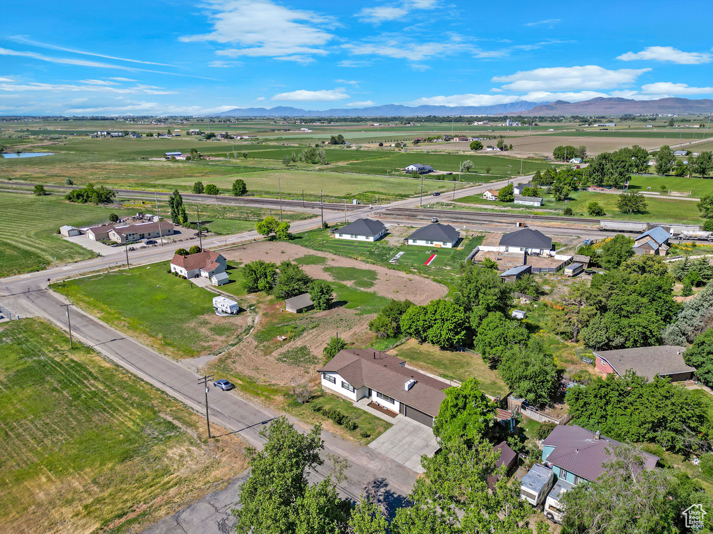 Overview of rural landscape featuring mountains