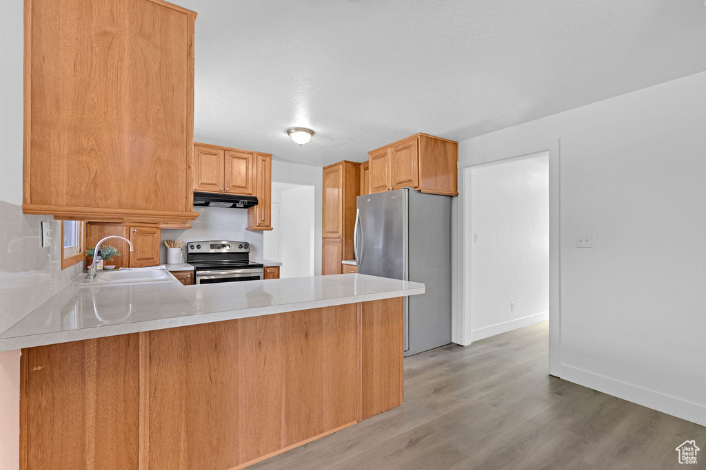 Kitchen featuring appliances with stainless steel finishes, a sink, under cabinet range hood, light wood-style floors, and light countertops