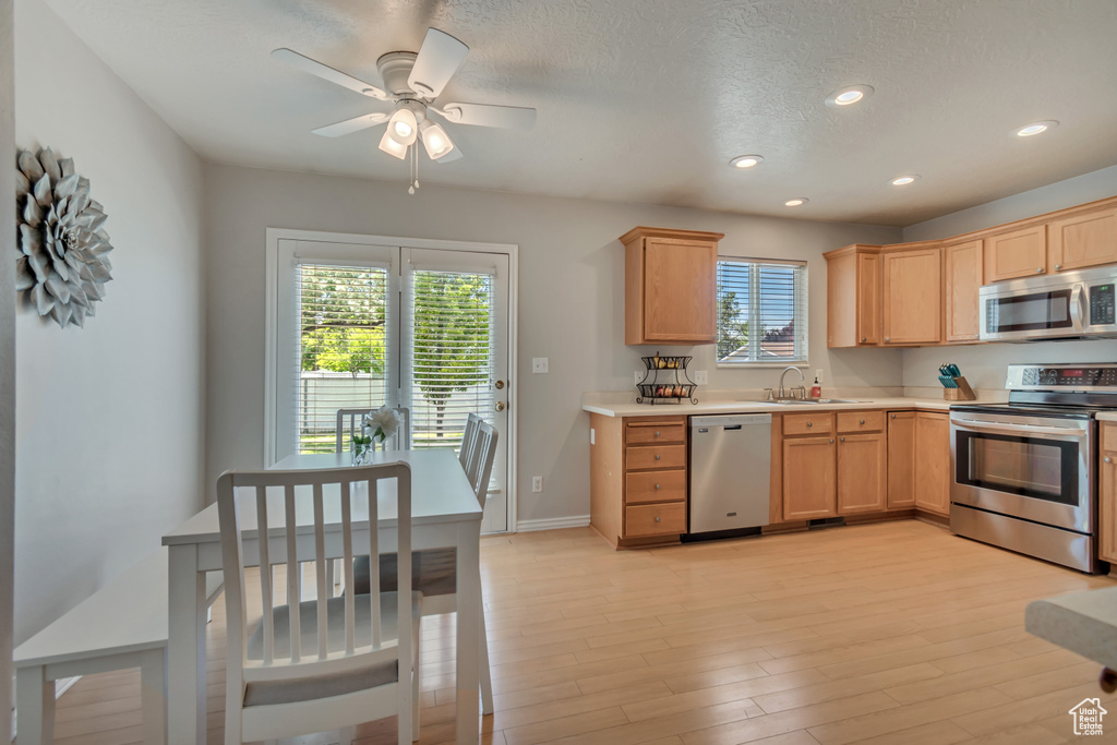 Kitchen featuring appliances with stainless steel finishes, a sink, recessed lighting, light wood-style flooring, and light countertops