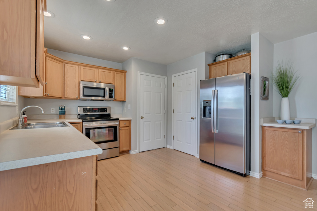 Kitchen featuring stainless steel appliances, a sink, light countertops, baseboards, and recessed lighting