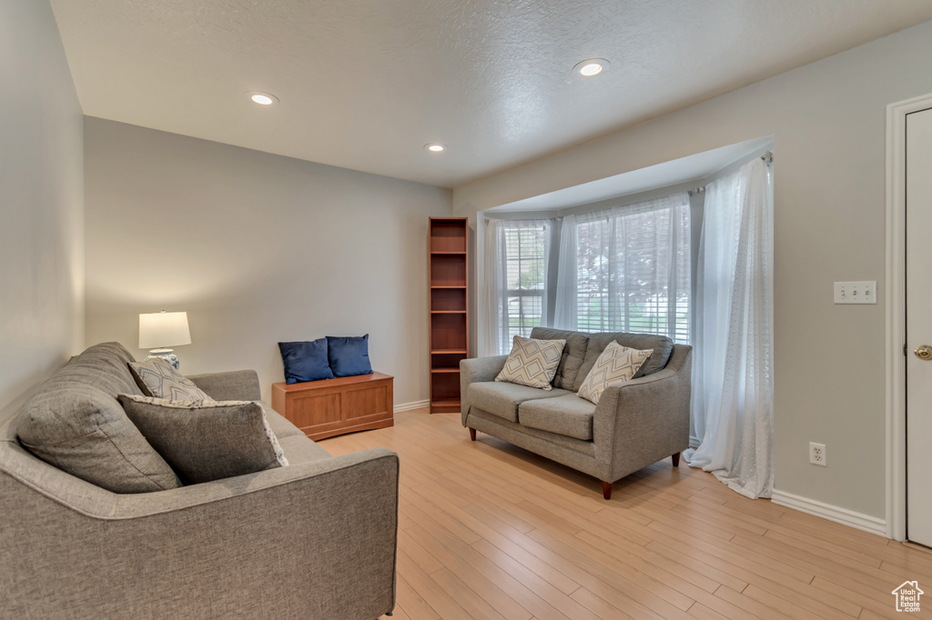Living area with baseboards, light wood finished floors, and recessed lighting