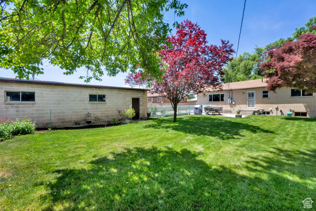 View of yard featuring a patio and entry steps