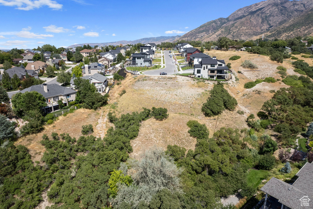Aerial perspective of suburban area featuring a mountain backdrop