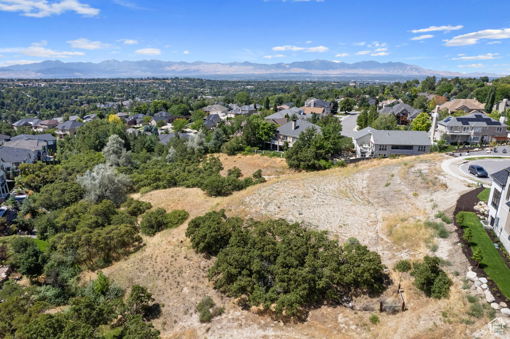 Aerial view of residential area with mountains