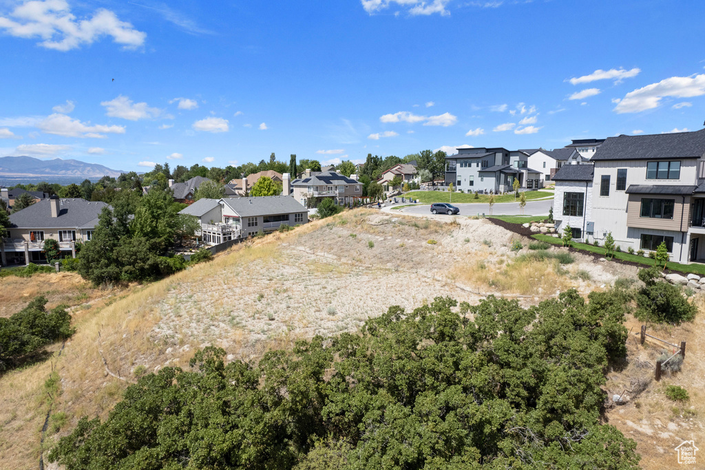 Aerial perspective of suburban area with mountains