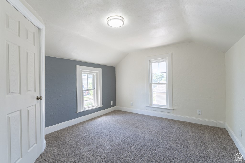 Additional living space with plenty of natural light, vaulted ceiling, carpet floors, and baseboards