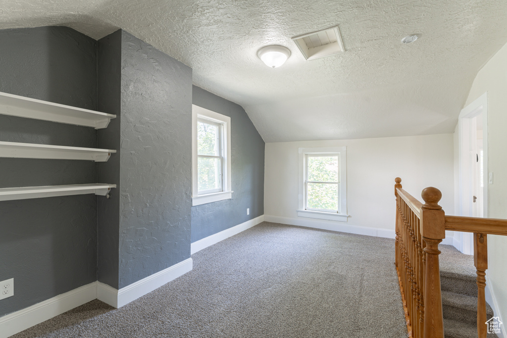 Additional living space featuring a textured wall, a textured ceiling, lofted ceiling, carpet floors, and baseboards