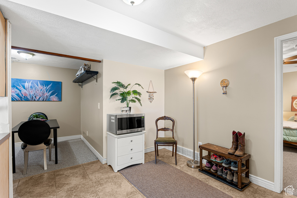 Office space featuring light carpet, baseboards, and a textured ceiling