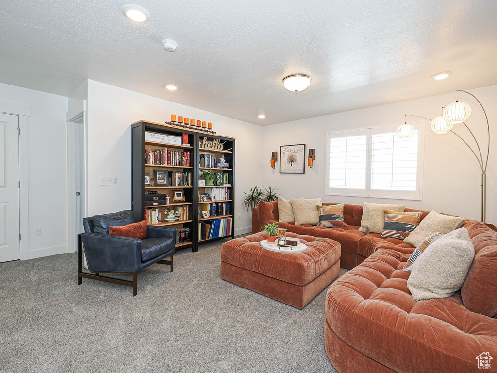 Carpeted living room featuring recessed lighting
