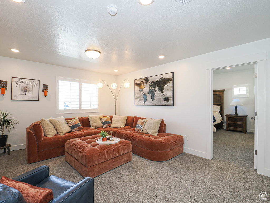 Living area featuring carpet, recessed lighting, baseboards, and a textured ceiling