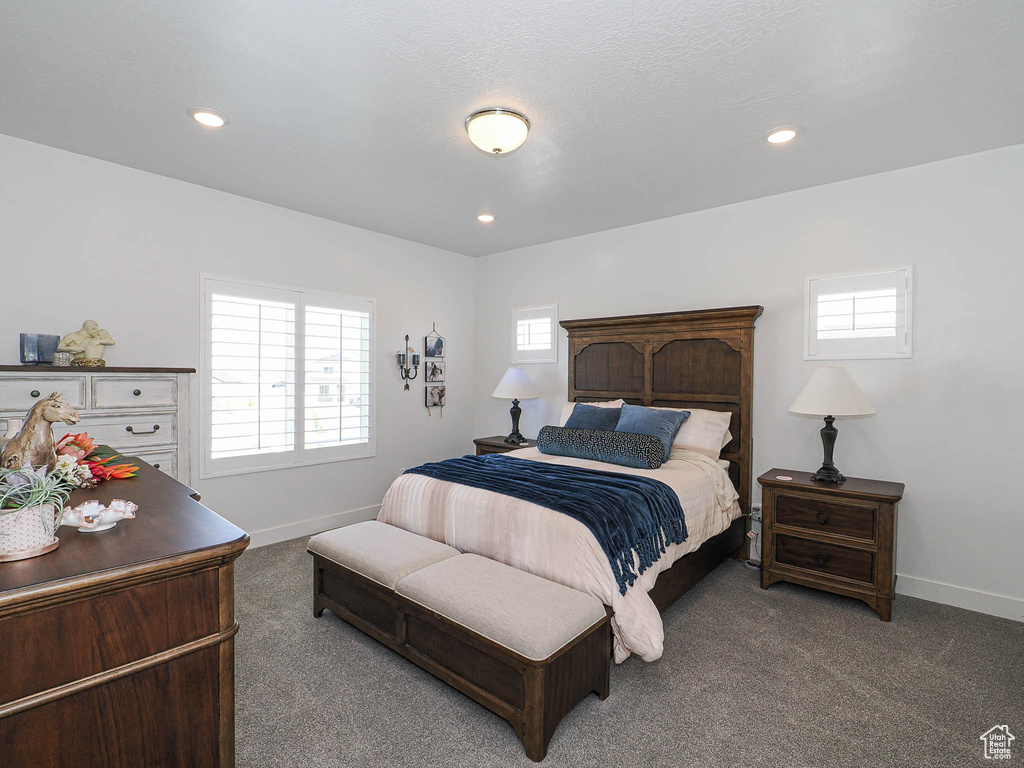 Bedroom with carpet, baseboards, and recessed lighting