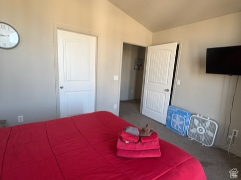 Carpeted bedroom featuring lofted ceiling and ceiling fan