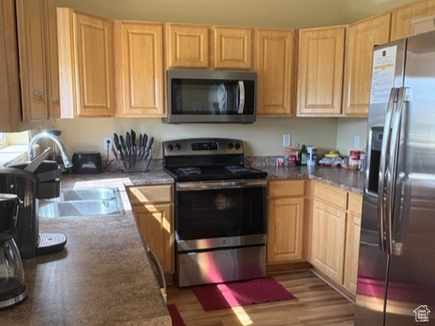 Kitchen with stainless steel appliances, light brown cabinetry, wood finished floors, and recessed lighting