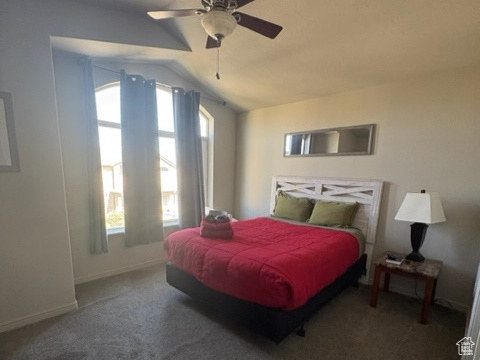 Carpeted bedroom with lofted ceiling and a ceiling fan