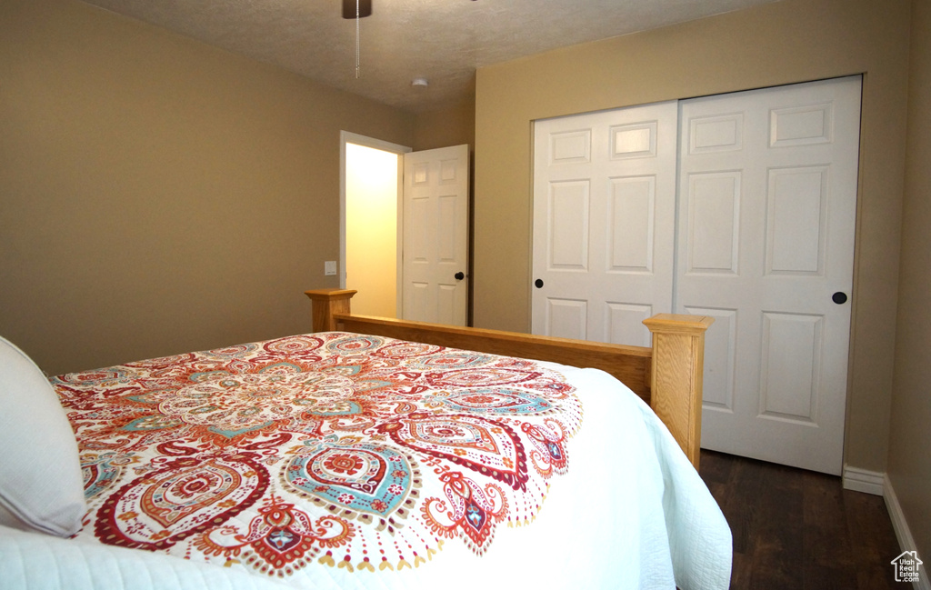 Bedroom with dark wood finished floors, a closet, ceiling fan, and baseboards