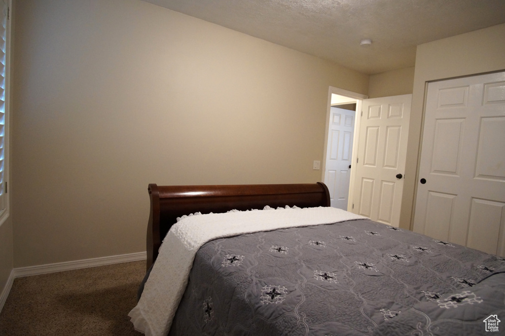 Bedroom with carpet, baseboards, and a closet