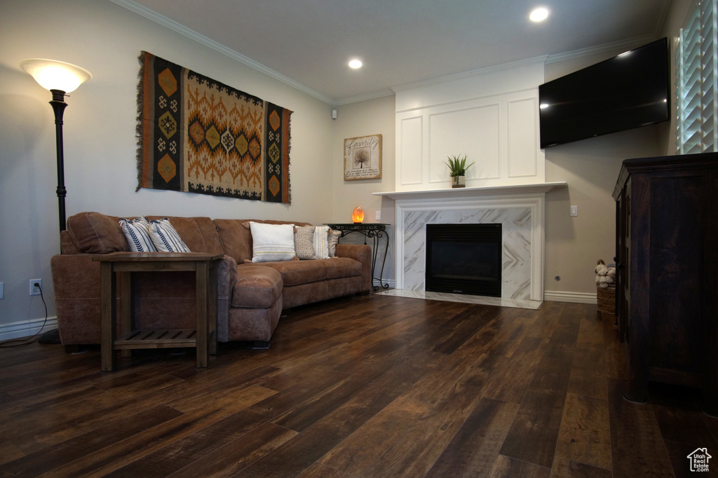 Living room featuring dark wood-style floors, recessed lighting, crown molding, baseboards, and a high end fireplace