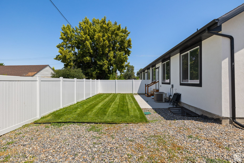 Fenced backyard featuring a patio