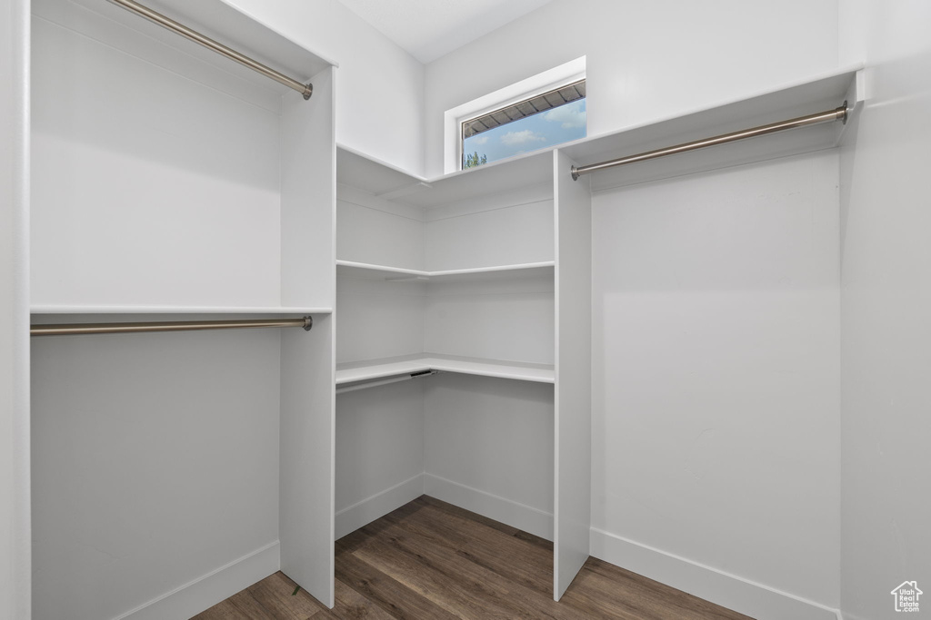 Walk in closet with wood finished floors