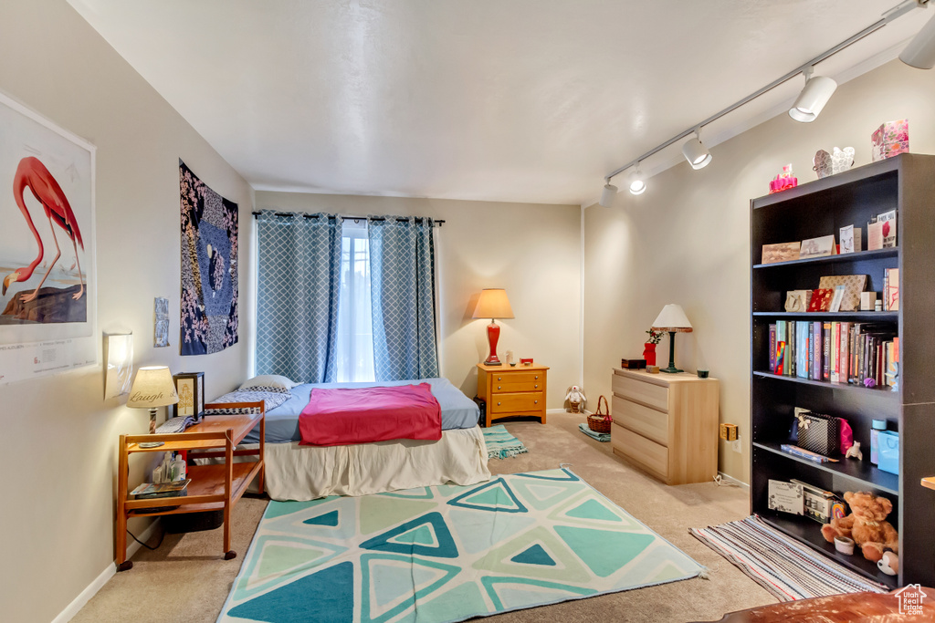 Carpeted bedroom featuring rail lighting