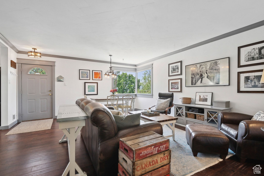 Living room with dark wood-type flooring, ornamental molding, a chandelier, and baseboards